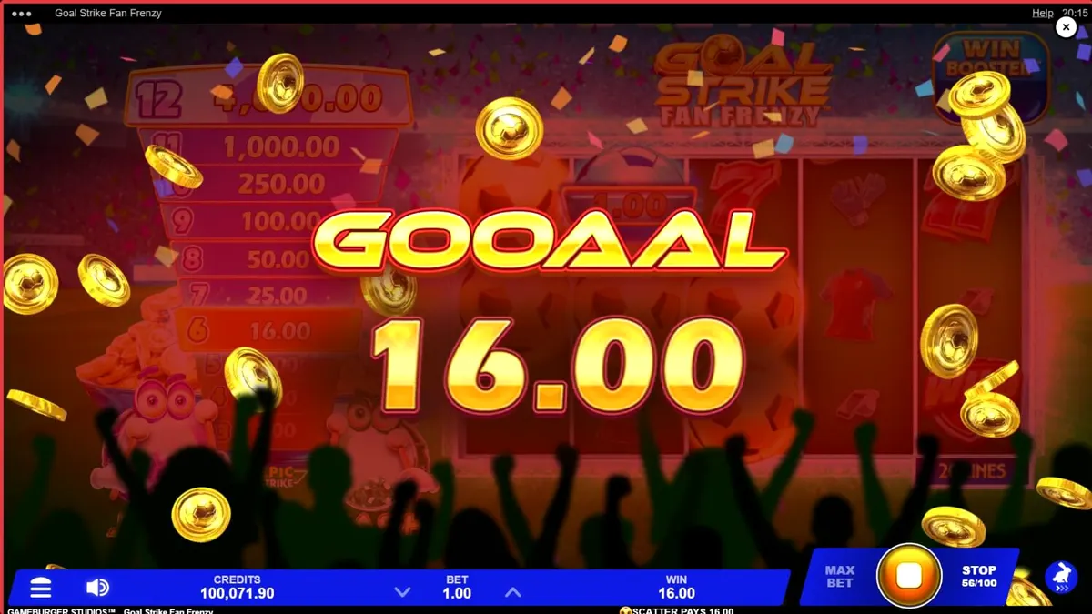 Isang makulay na stadium scene mula sa Goal Strike Fan Frenzy slot na nagpapakita ng mga football symbols at fireworks.